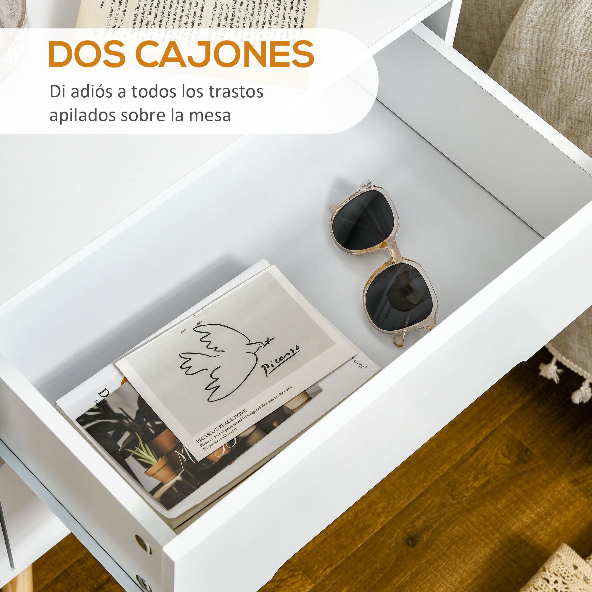 Mesita de Noche con 2 Cajones y Patas de Madera para Dormitorio 50x40x50,5 cm