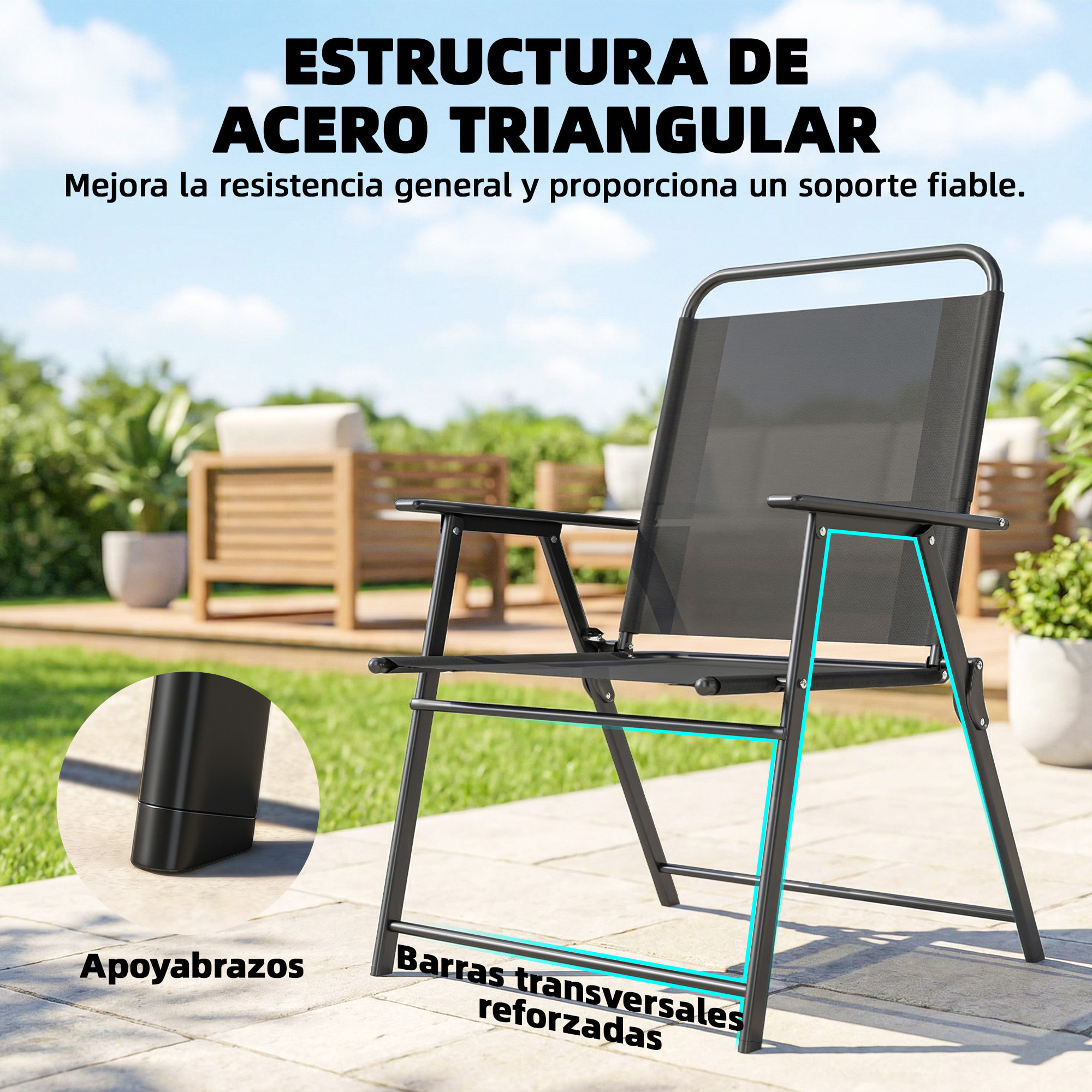 Pack de 4 Sillas de Camping Plegables, Sillas de Jardín Exterior con Respaldo Alto, Asiento Ancho y Reposabrazos, Tela Textilene Transpirable y Marco de Acero para Terraza, 65x60x94 cm, Negro