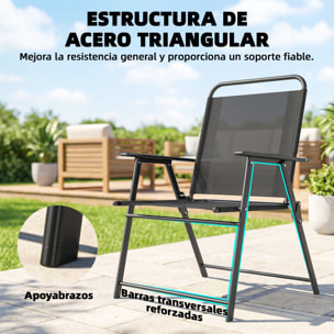 Pack de 4 Sillas de Camping Plegables, Sillas de Jardín Exterior con Respaldo Alto, Asiento Ancho y Reposabrazos, Tela Textilene Transpirable y Marco de Acero para Terraza, 65x60x94 cm, Negro