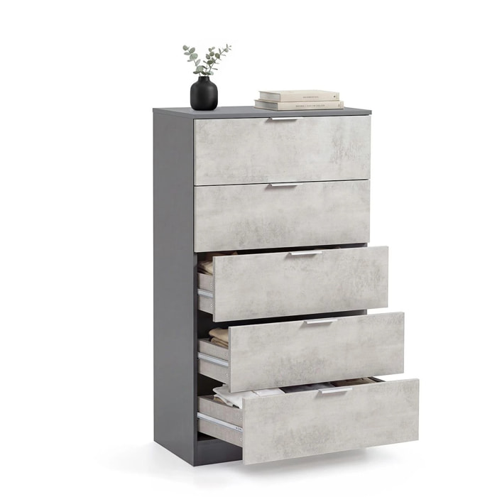 Cómoda alta de 5 cajones en gris grafito y gris cemento 60x110 cm Akari Gris Grafito - Gris Cemento