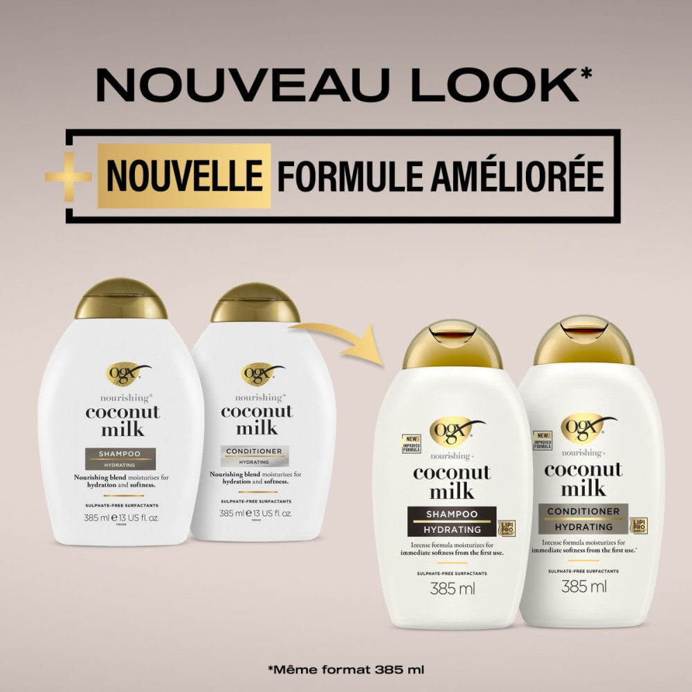 OGX Shampooing Nourrissant Lait de Coco, 385ml – Soin capillaire hydratant pour cheveux secs – Shampoing sans sulfate pour une