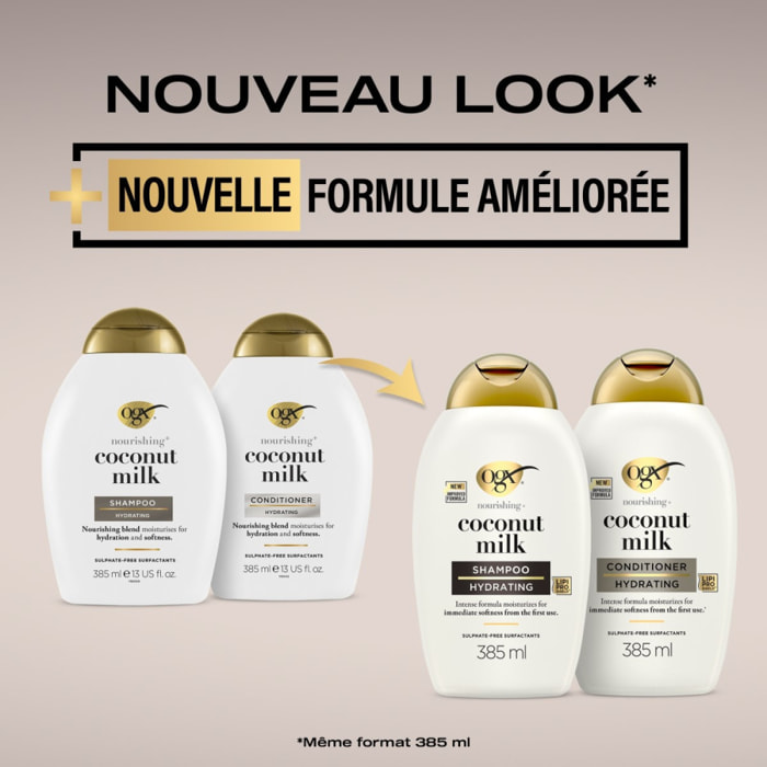OGX Shampooing Nourrissant Lait de Coco, 385ml – Soin capillaire hydratant pour cheveux secs – Shampoing sans sulfate pour une