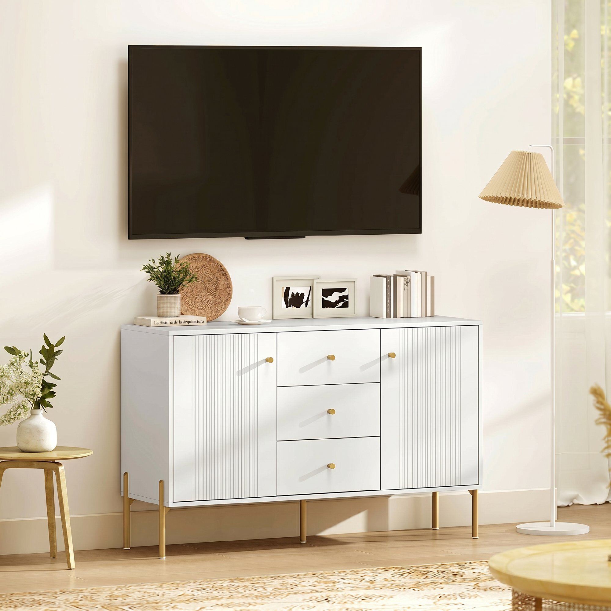 Aparador Moderno de 2 Puertas, Aparador de Salón con 3 Cajones, Estantes Ajustables, Encimera con Efecto Mármol, Patas de Acero, para Cocina, Entrada, Dormitorio, Blanco, 120x39,1x76 cm