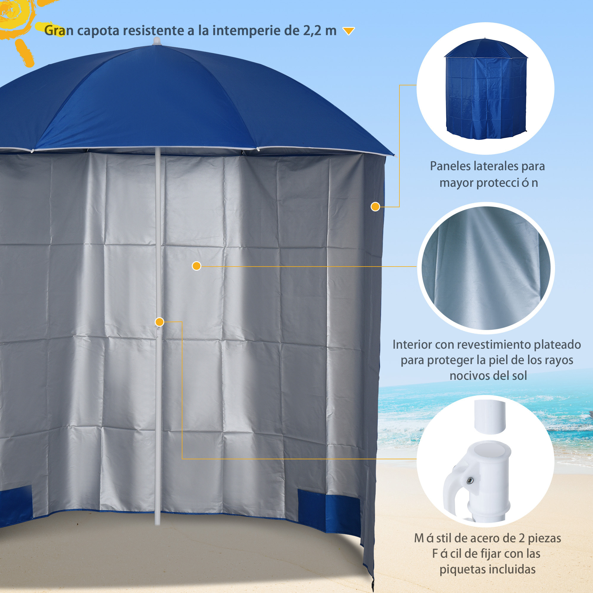 Sombrilla de Playa con Panel Lateral Ø220x220 cm Parasol para Terraza con Apertura Manual 8 Varillas de Acero y Bolsa de Transporte para Jardín Piscina Azul