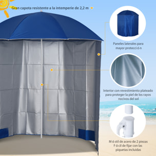 Sombrilla de Playa con Panel Lateral Ø220x220 cm Parasol para Terraza con Apertura Manual 8 Varillas de Acero y Bolsa de Transporte para Jardín Piscina Azul