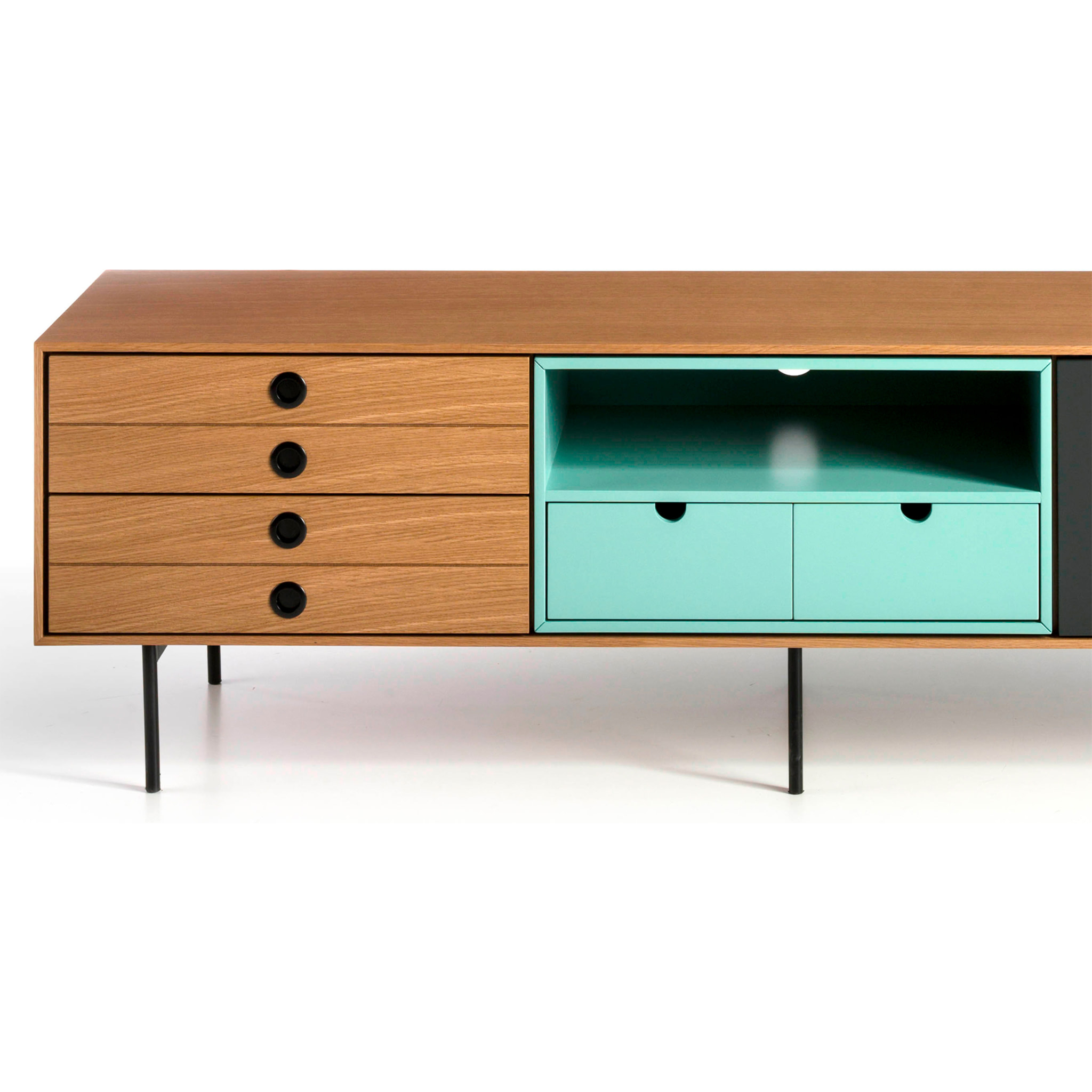 Mueble de TV – Gris, roble y turquesa