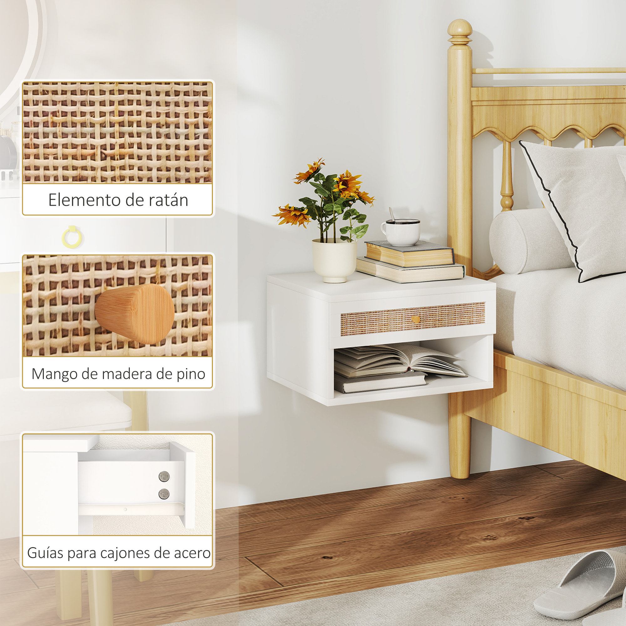 Juego de 2 Mesitas de Noche Flotantes de Pared con Cajón de Ratán y Estante Abierto, Mesillas de Noche Dormitorio de Estilo Nórdico, para Sala de Estar, 40x34x23 cm, Blanco