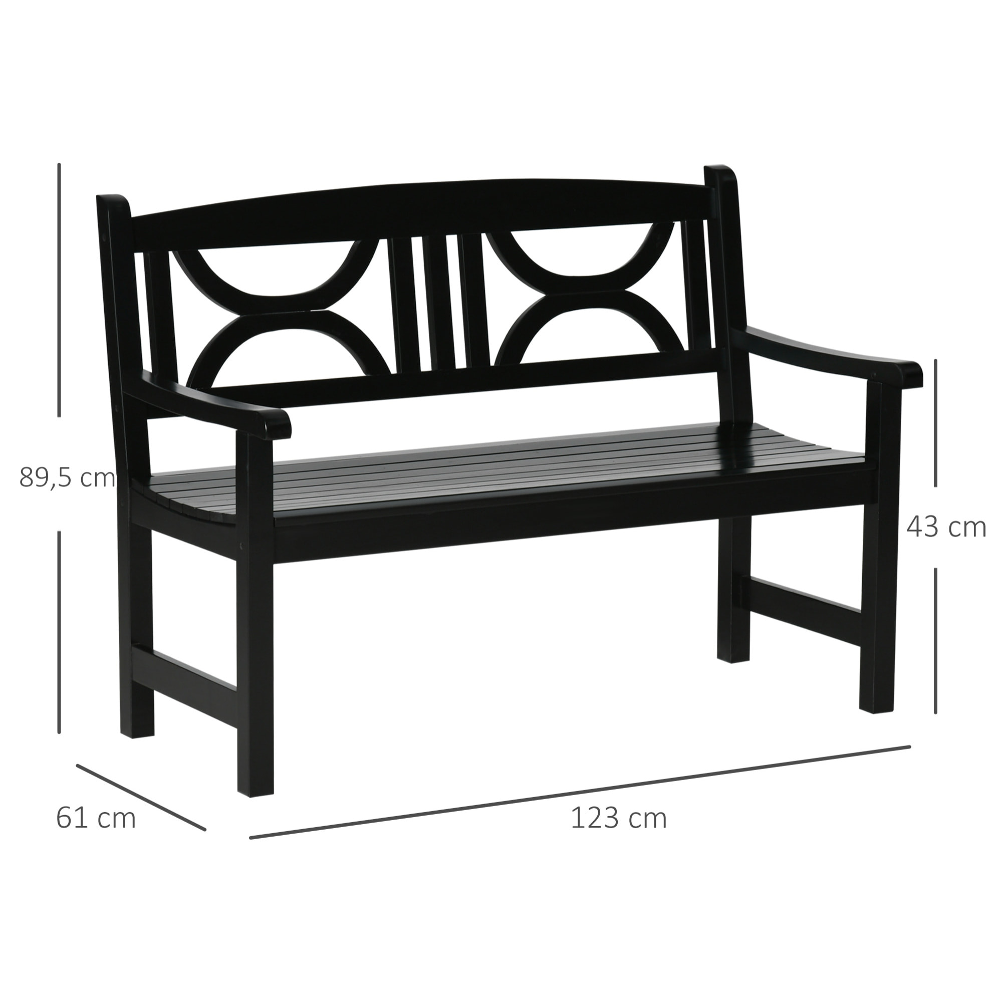 Banc de jardin 2 places style colonial dim. 123L x 61l x 89.5H cm assise à lattes dossier ajouré motif tribal bois peuplier noir