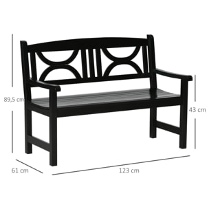 Banc de jardin 2 places style colonial dim. 123L x 61l x 89.5H cm assise à lattes dossier ajouré motif tribal bois peuplier noir