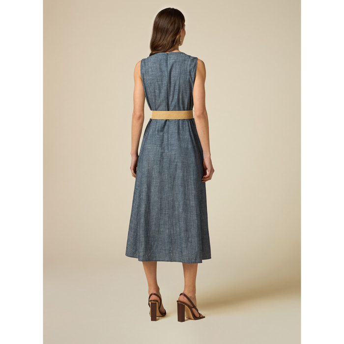 Oltre - Vestido largo en mezcla de lino con efecto denim - Light - blue