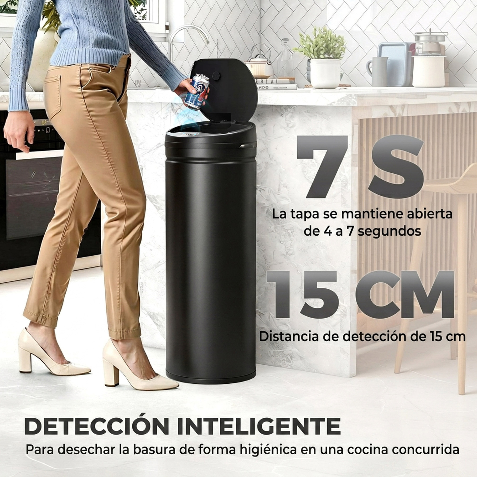 HOMCOM Cubo de Basura Cocina Automático 50 L, Papelera de Cocina de Acero Inoxidable, Sensor Infrarrojo, Cierre Automático, Antihuellas, para Dormitorio, Oficina, Negro