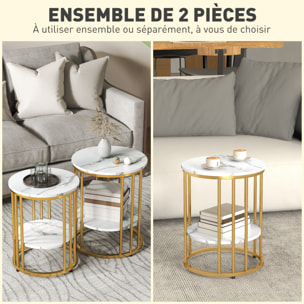 Lot de 2 tables basses gigognes rondes style Art déco - 2 étagères - acier doré effet marbre blanc