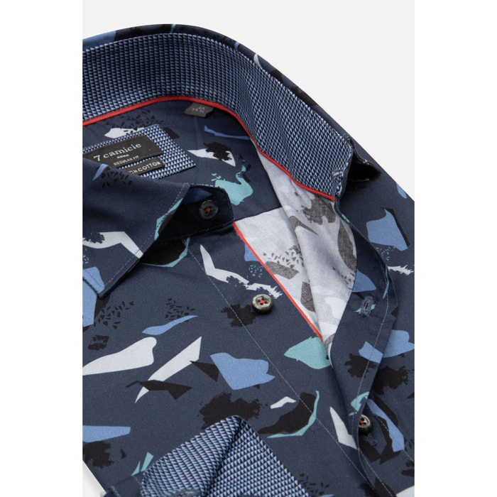 Camicia Uomo Kent Regular Fit Popeline Stretch Stampato Blu/Grigio Chiaro
