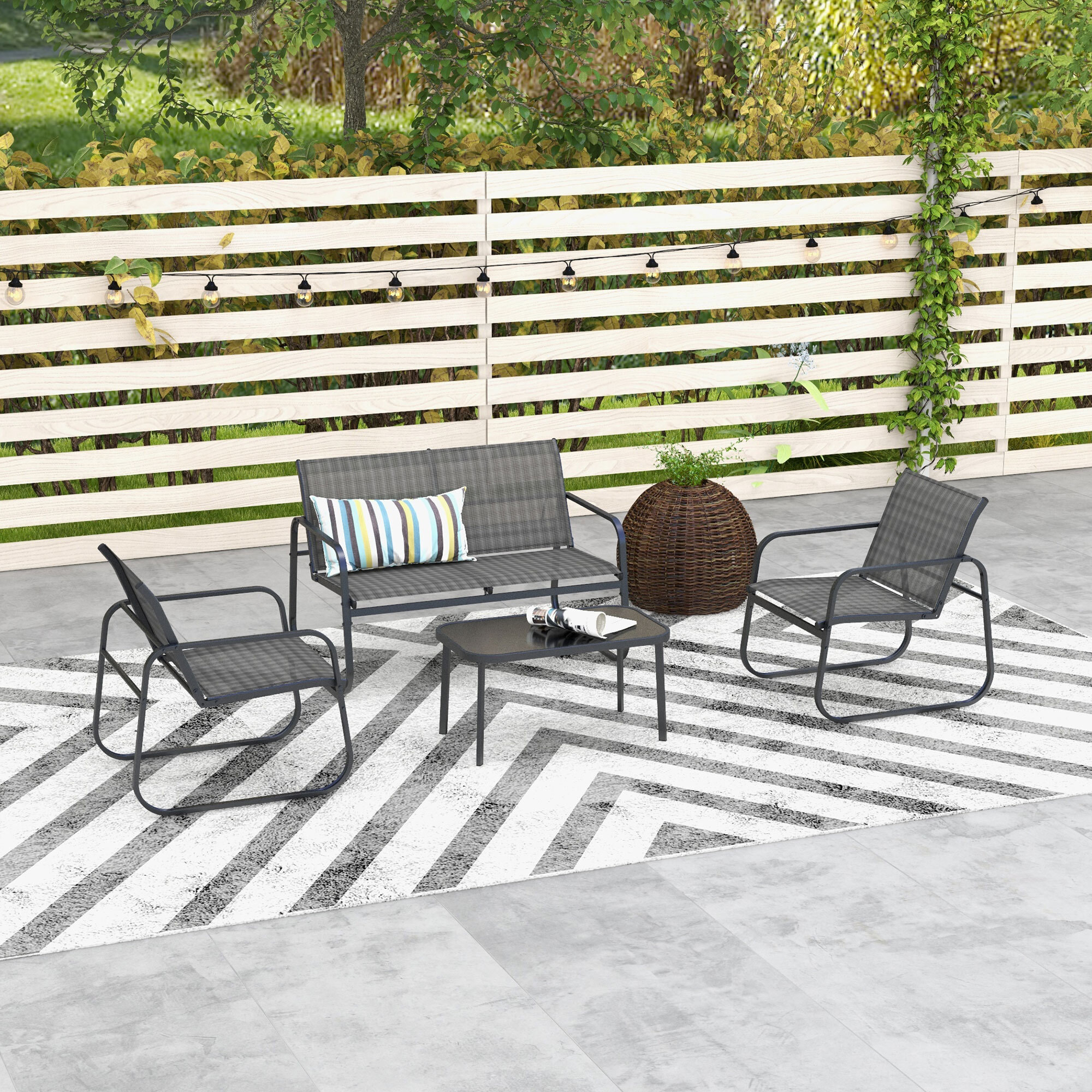 Conjunto de Muebles de Jardín Juego de 4 Piezas Muebles de Terraza con 2 Sillones 1 Sofá Exterior de 2 Plazas y Mesa de Centro con Tablero de Vidrio Templado Negro