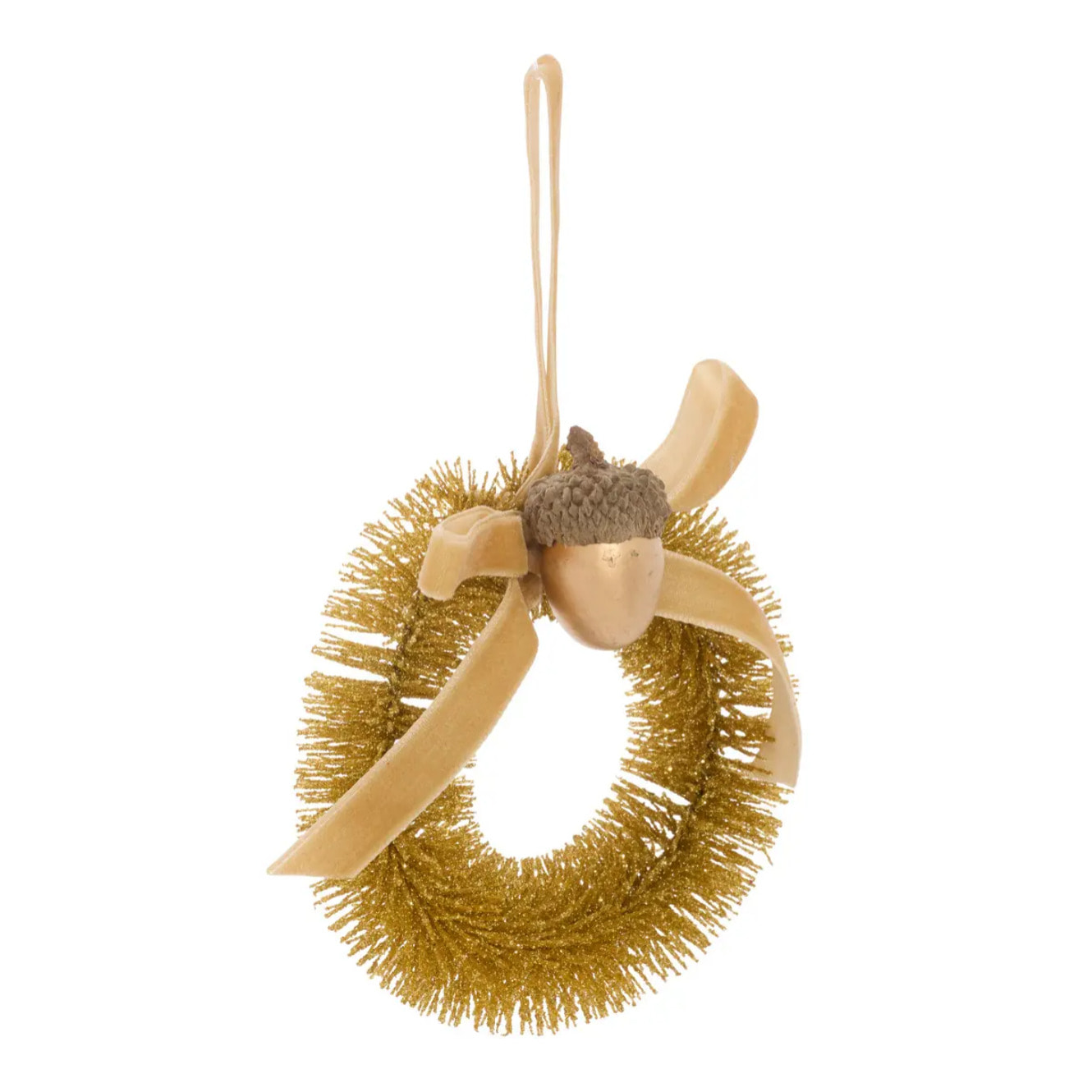 Suspension de sapin couronne de glands en plastique rouge et or D. 10 cm
