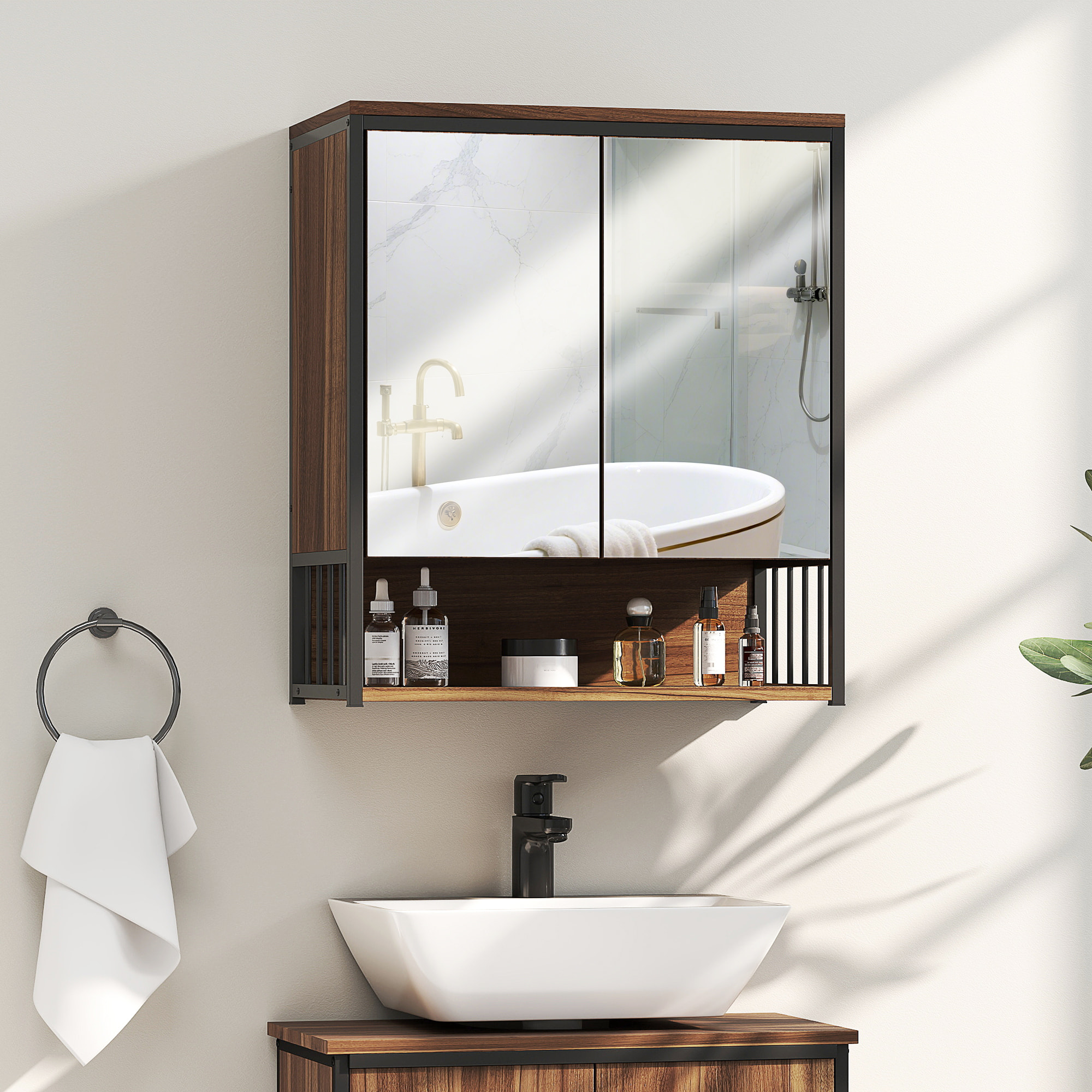 Armoire miroir murale salle de bain 2 portes design - étagère, niche - métal noir effet bois noyer