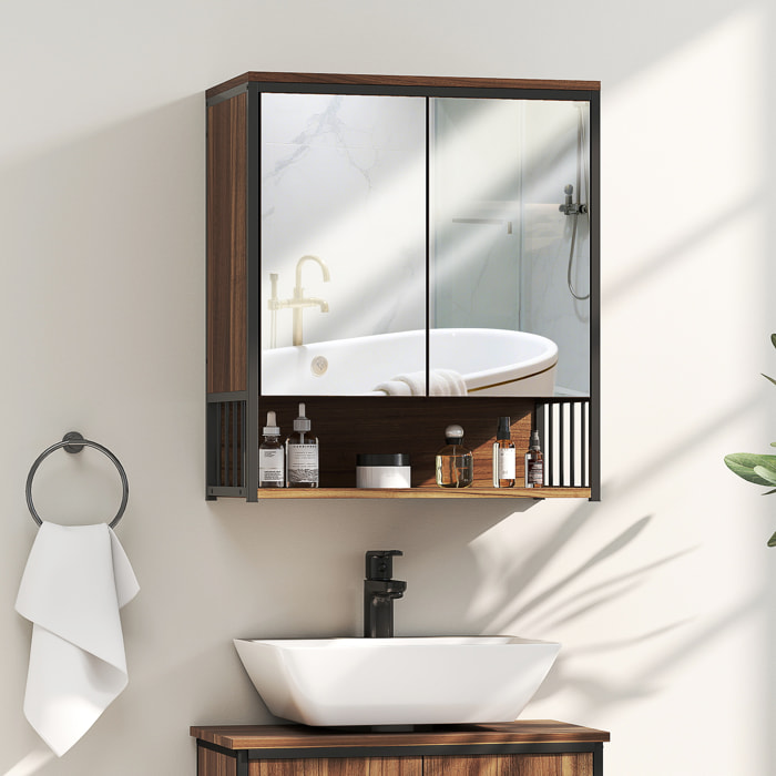 Armoire miroir murale salle de bain 2 portes design - étagère, niche - métal noir effet bois noyer