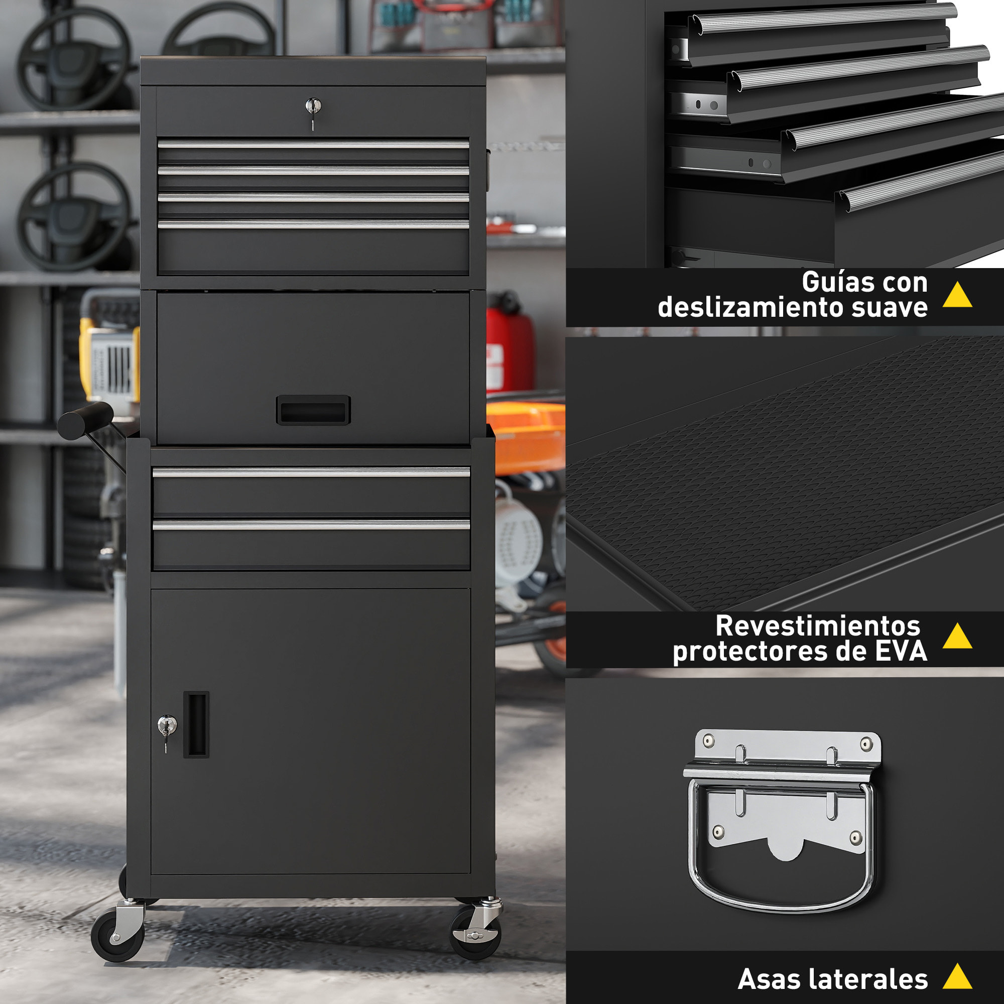 Carro de Herramientas con 6 Cajones y Cerraduras, 3 en 1, Carro de Taller Móvil con Ruedas y Panel Lateral Perforado, Caja de Herramientas Desmontable de Acero, para Taller, Garaje, Negro