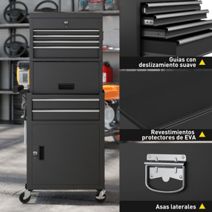 Carro de Herramientas con 6 Cajones y Cerraduras, 3 en 1, Carro de Taller Móvil con Ruedas y Panel Lateral Perforado, Caja de Herramientas Desmontable de Acero, para Taller, Garaje, Negro