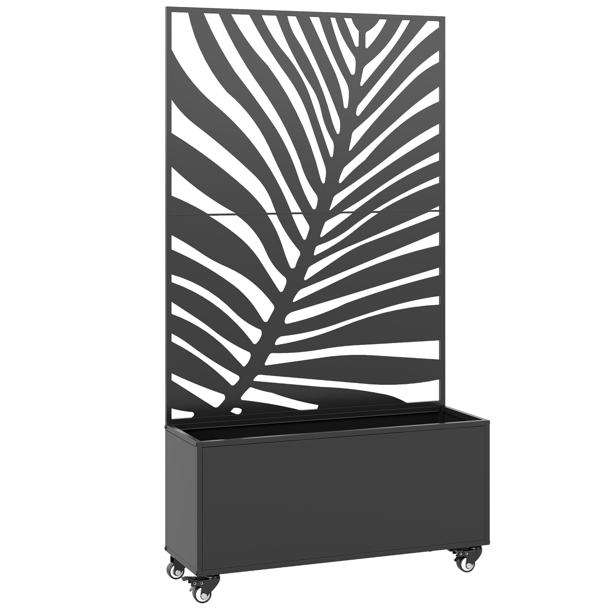 Jardinière mobile treillis haut design graphique feuille exotique 90 x 30 x 160 cm métal époxy noir