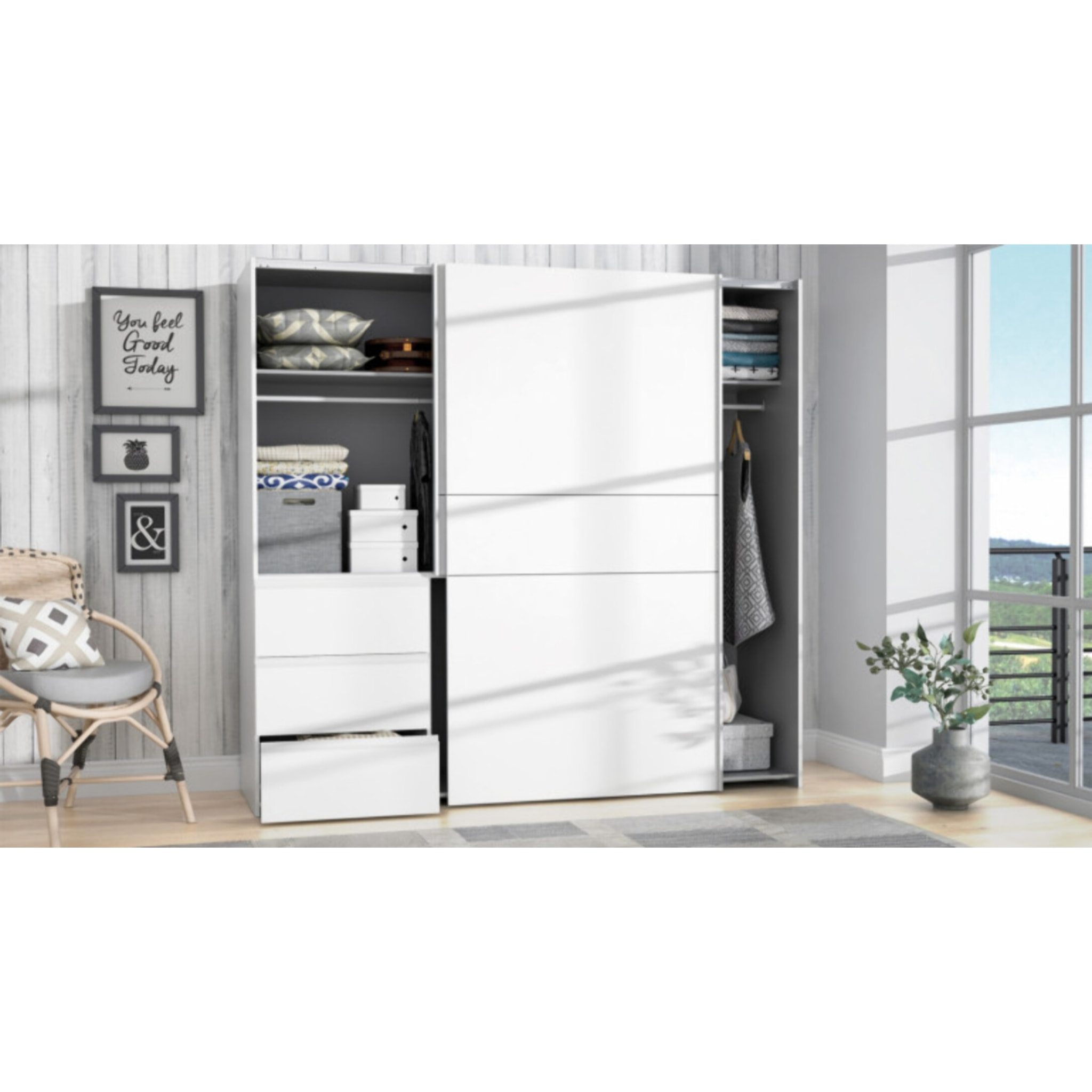 Armoire portes coulissantes 3 tiroirs L200 cm - 2 coloris - LOOKY