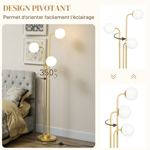 Lampadaire sur pied style contemporain acier doré 3 globes pivotants verre dépoli blanc