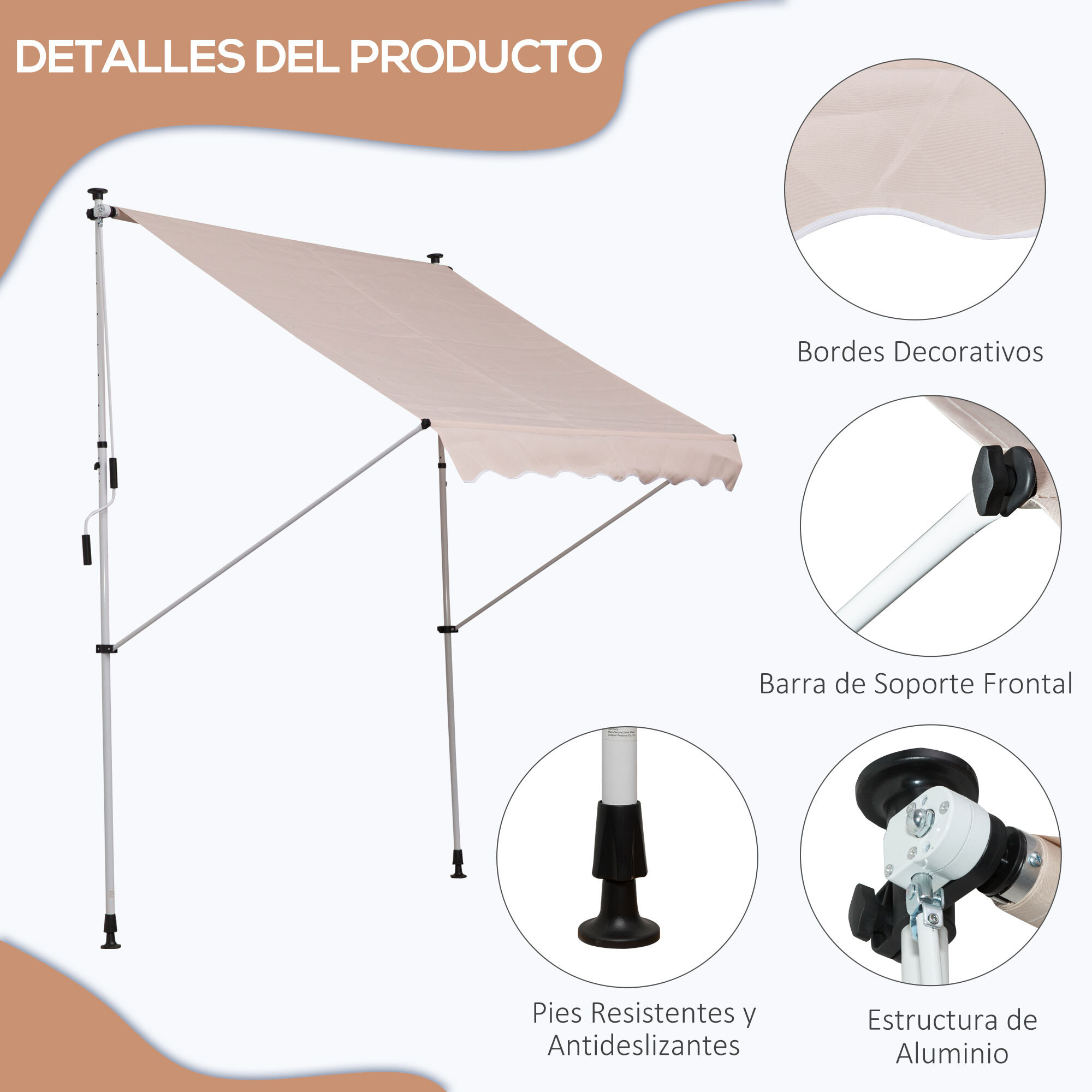 Toldo Manual Retráctil 200x150x170-280cm con Manivela para Terraza Balcón Beige