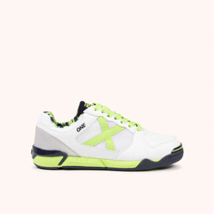 Zapatillas de fútbol sala para niños en blanco y verde flúor MUNICH ONE KID 77