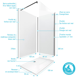 Pack douche à l'Italienne 90x120 - Kit Panneaux muraux Blanc/Noir + receveur + Paroi transparente