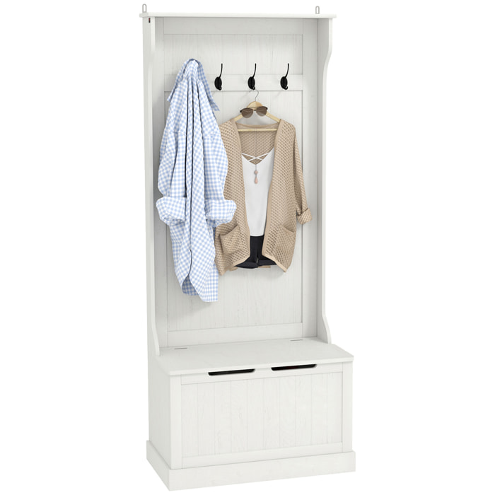 Perchero Zapatero, Perchero Recibidor con Banco de Almacenamiento, 4 Ganchos, para Pasillo, Dormitorio, Salón, Estilo Moderno, 71,5x39,5x170 cm, Blanco