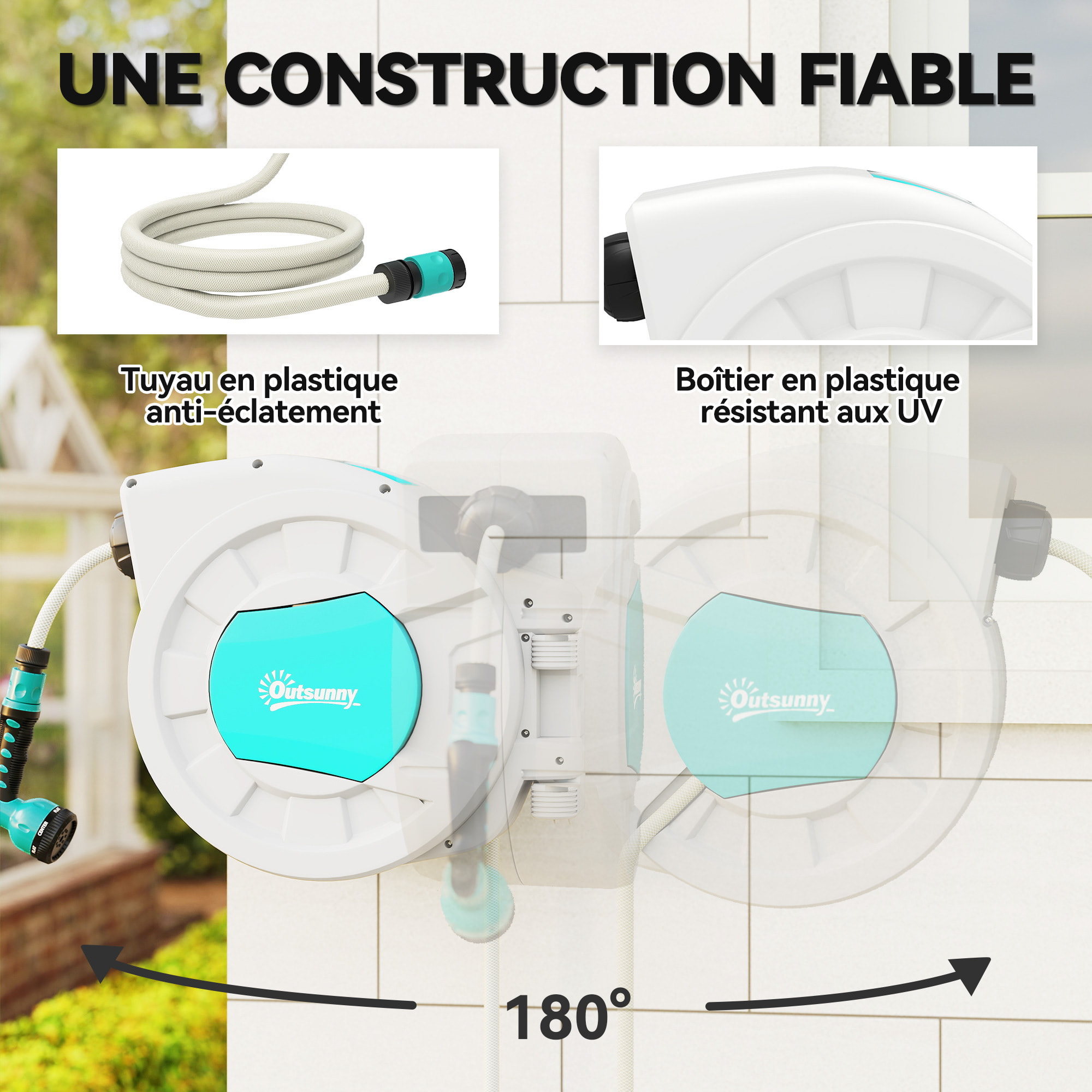 Dévidoir mural enrouleur automatique pivotant 180° tuyau 35 + 2 m avec lance arrosage 7 modes support mural intégré gris clair bleu