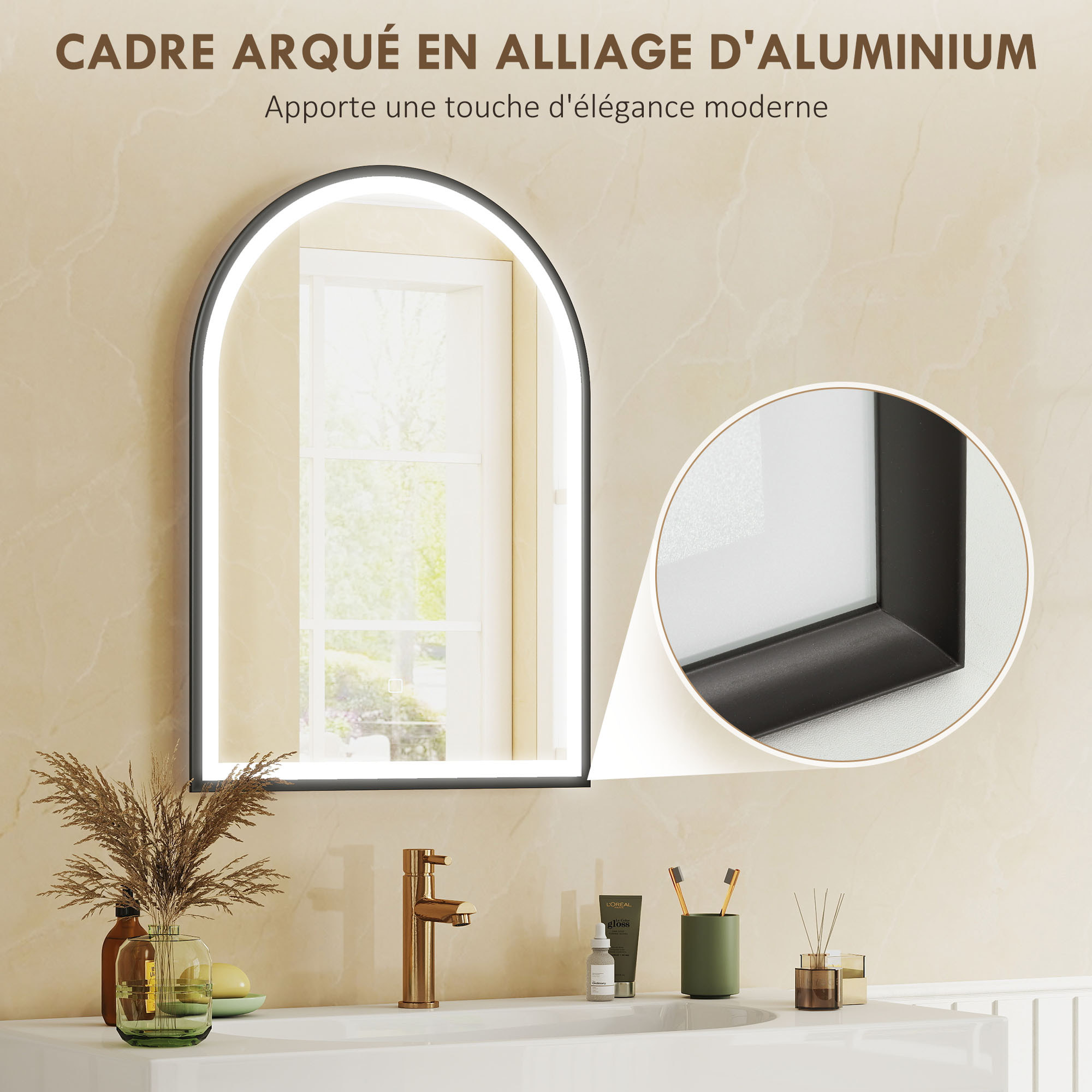 Miroir salle de bain LED design arche 50 x 70 cm anti-buée dimmable tactile réglable verre trempé alu noir