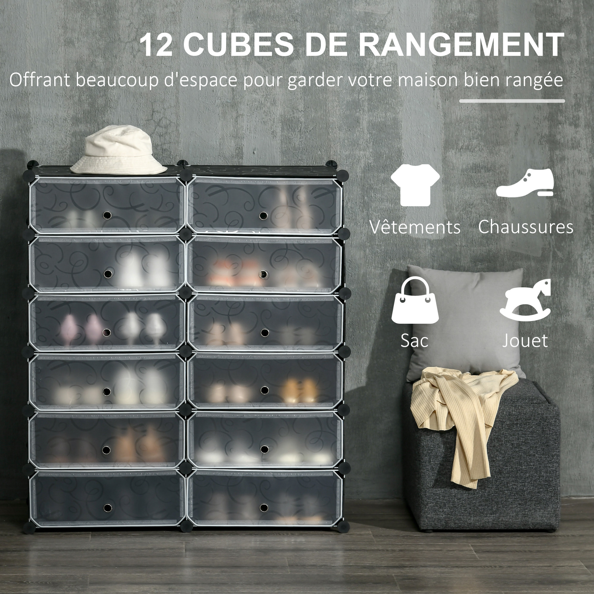 Meuble de rangement - meuble à chaussures modulable 12 casiers avec portes et étagères - dim. 94L x 37l x 108H cm - PP noir blanc