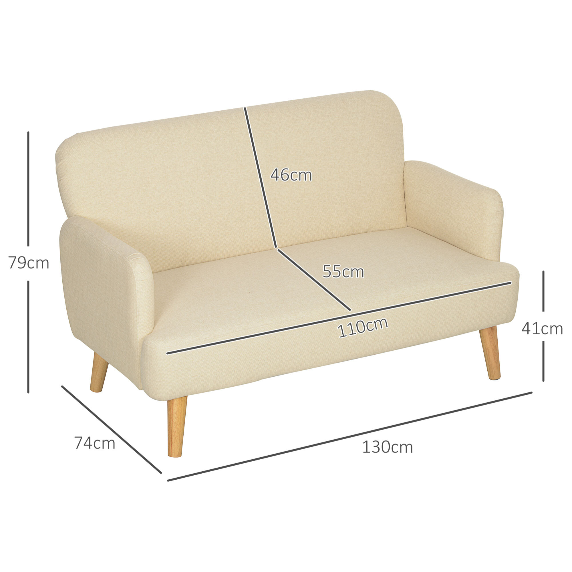 Canapé 2 places style scandinave - canapé droit fixe - piètement bois hévéa tissu beige