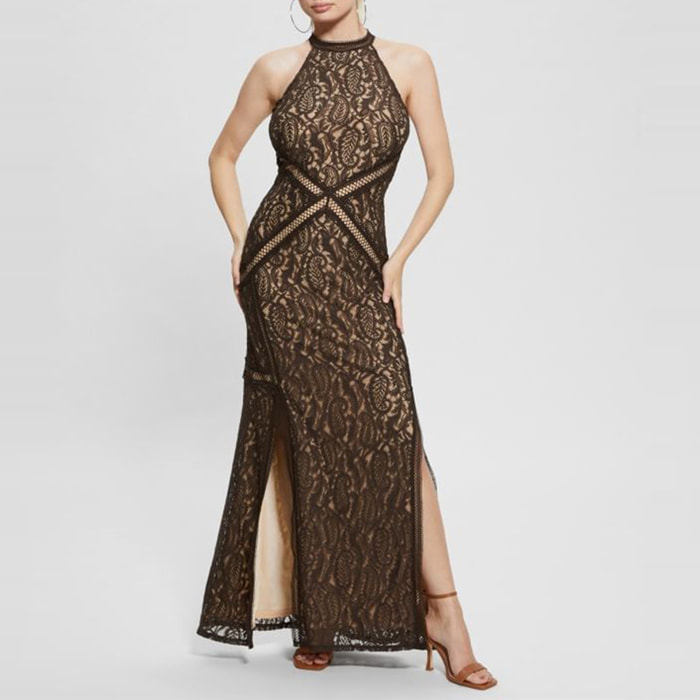 Robe Liza - coupe slim - fentes - en dentelle - marron