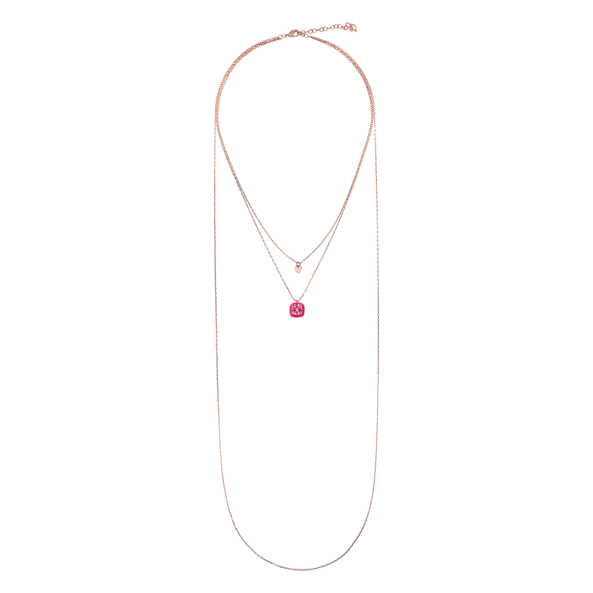 Collana Multifilo Catena Forzatina con Disco e Pendente Smaltato Fucsia con Cubic Zirconia Quadrata