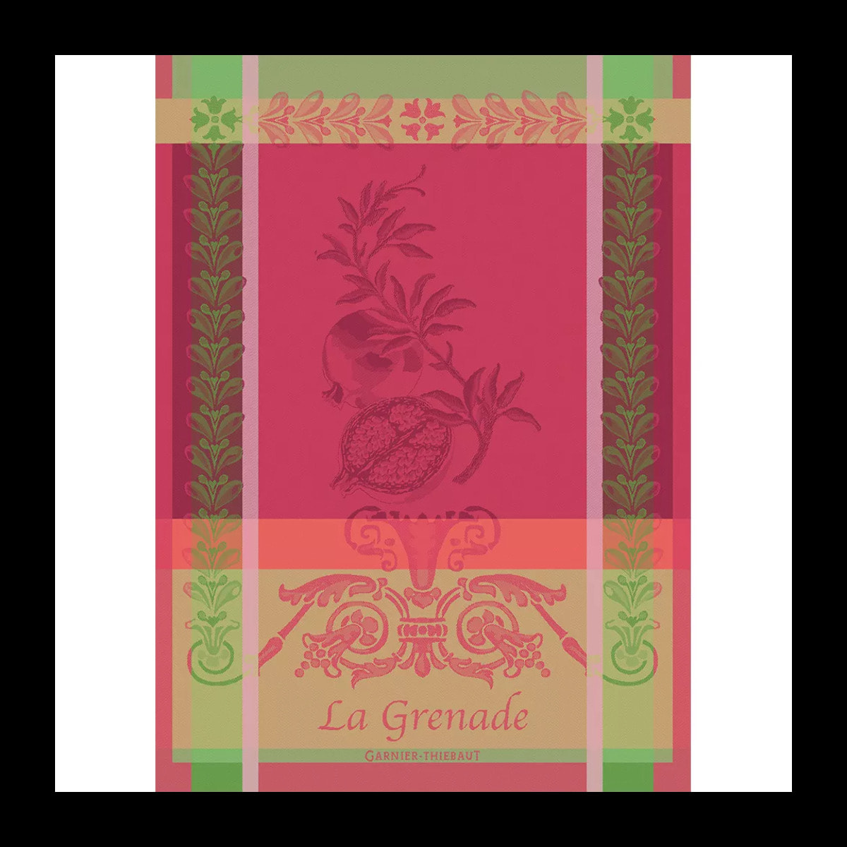 Torchon pur coton motif jacquard rose vert Grenade rose