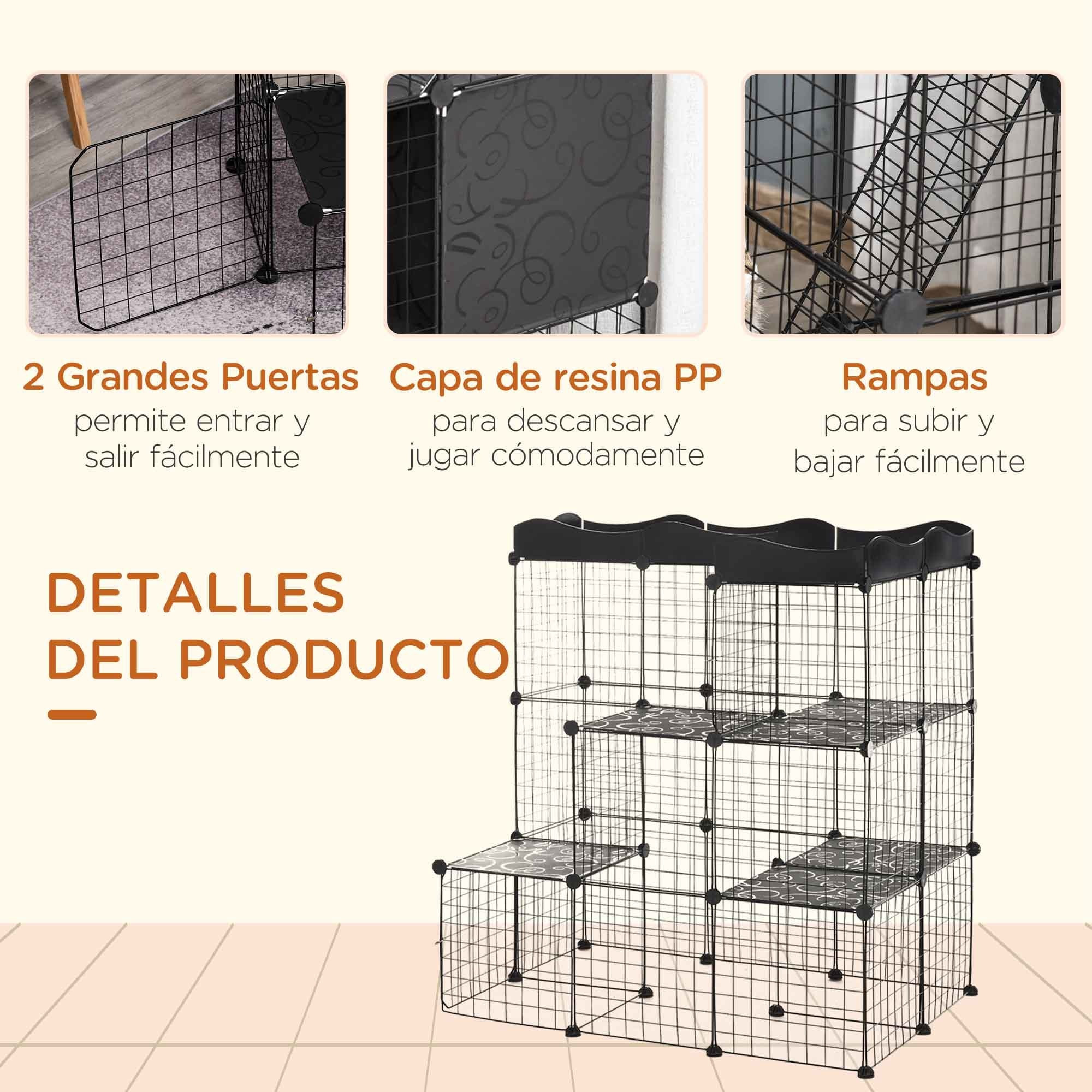Jaula para Animales Pequeños de 40 Paneles Parque para Mascotas Forma Personalizable Valla Metálica para Cobayas Conejos Gatito 105x70x116 cm Negro
