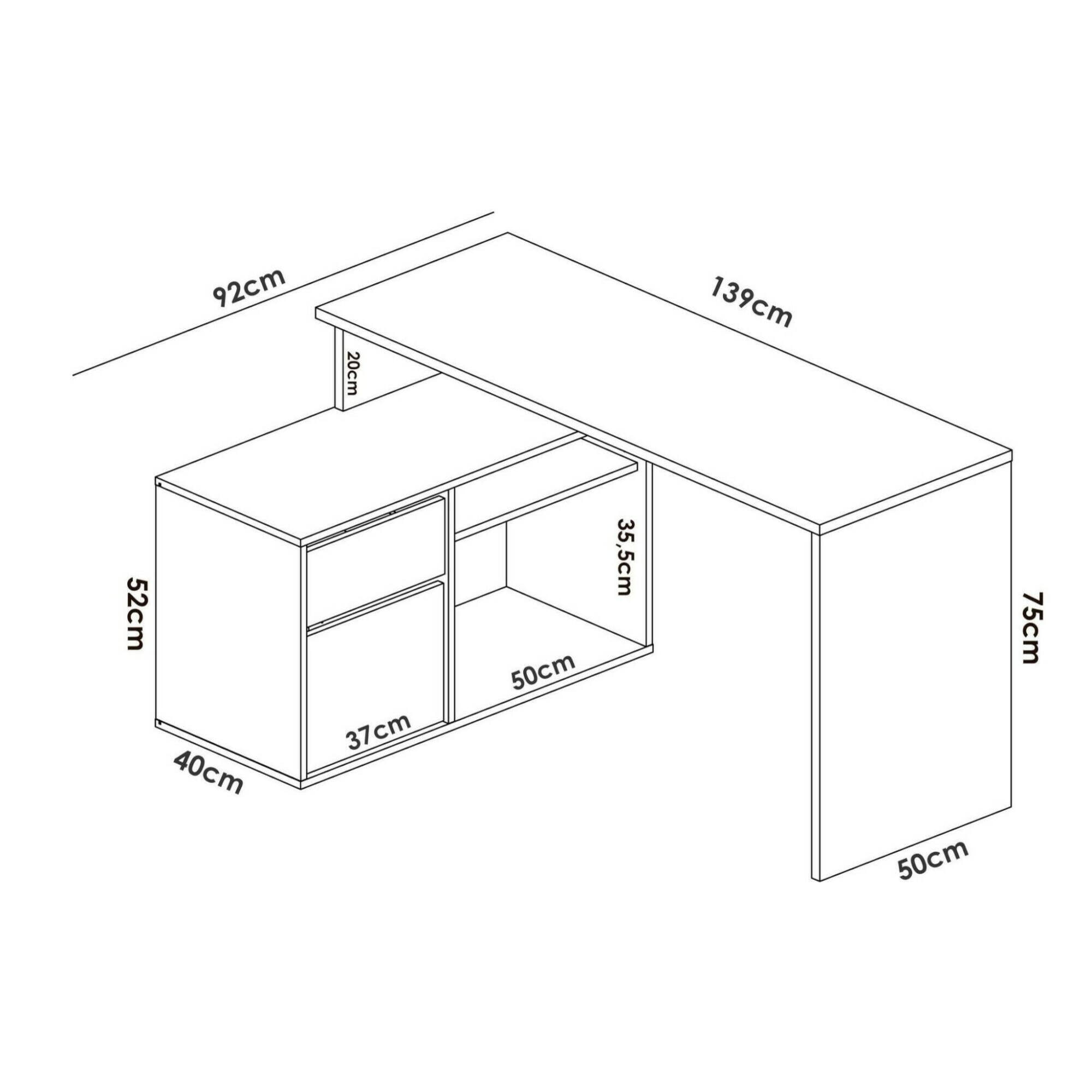 Scrivania Gardena, Scrittoio multiposizione da ufficio o cameretta, Tavolo da studio angolare multiuso, 139x92h75 cm, Bianco e Rovere