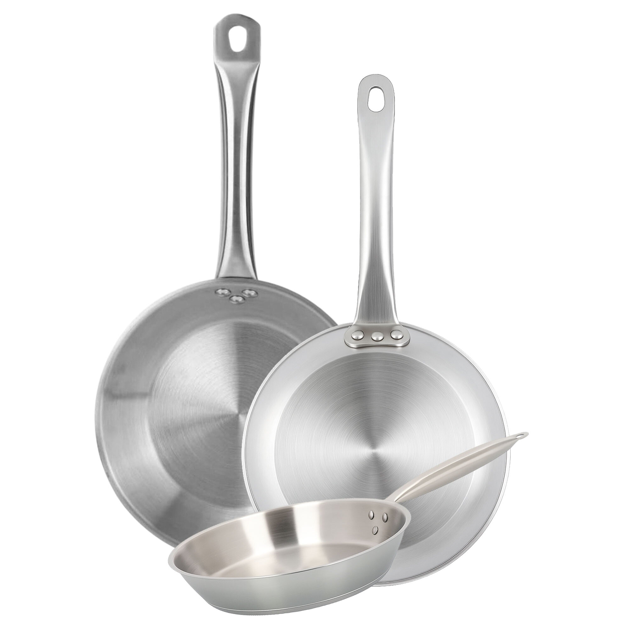 set de 3 sartenes en acero inoxidable, aptas para inducción y sin antiadherente