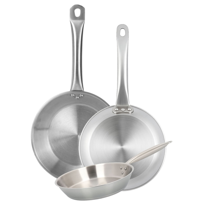 set de 3 sartenes en acero inoxidable, aptas para inducción y sin antiadherente