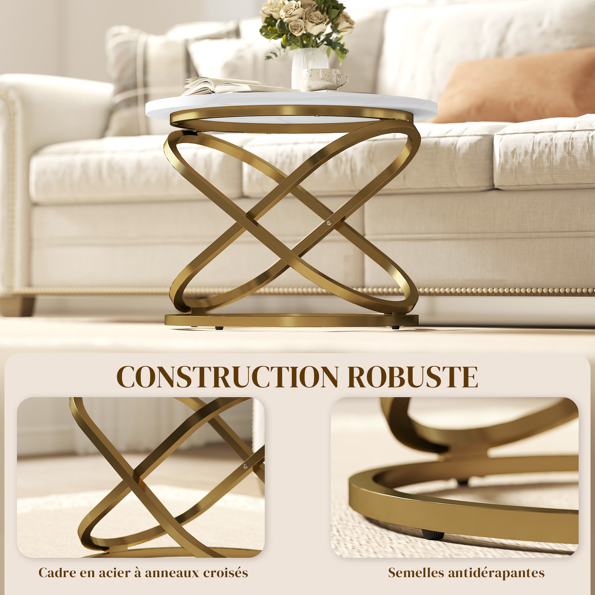 Table basse ronde design dia. 60 x 46 cm acier anneaux doré aspect marbre blanc