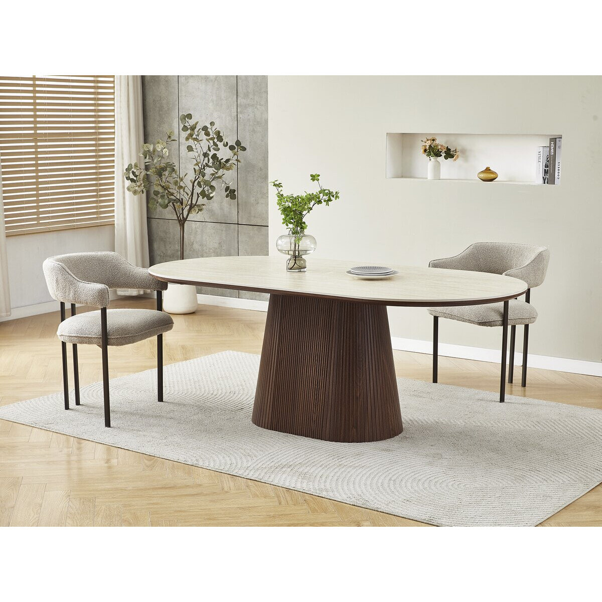 Table à manger ovale en pierre et bois "Portofino" - 8 places - Travertin et marron