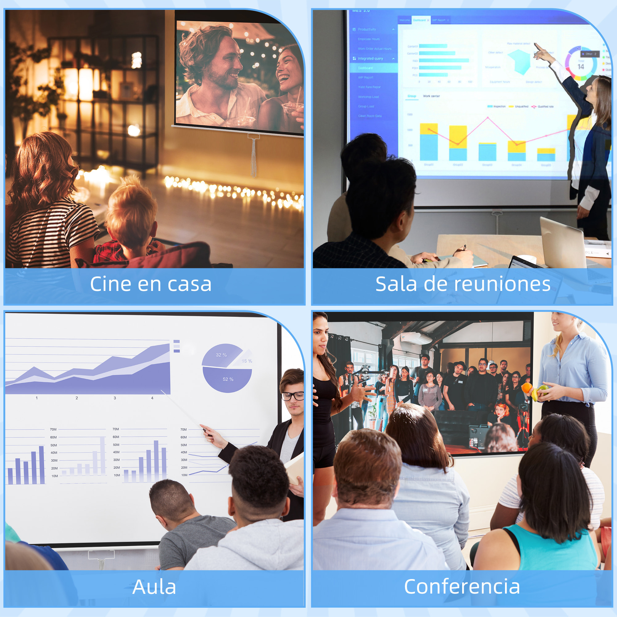 Pantalla de Proyector Manual 120 Pulgadas Pantalla de Proyección Portátil Formato 16:9 con Altura Ajustable para Interior y Exterior Cine en Casa Patio 266x149 cm Blanco