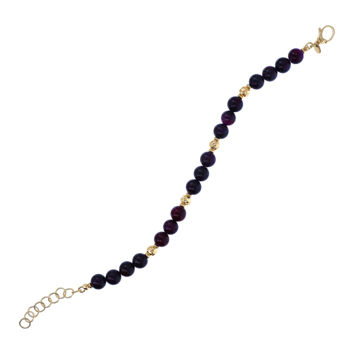 Bracciale in Argento 925 placcato Oro Giallo 18Kt con Elementi Martellati e Sfere in Agata Viola Sfaccettata