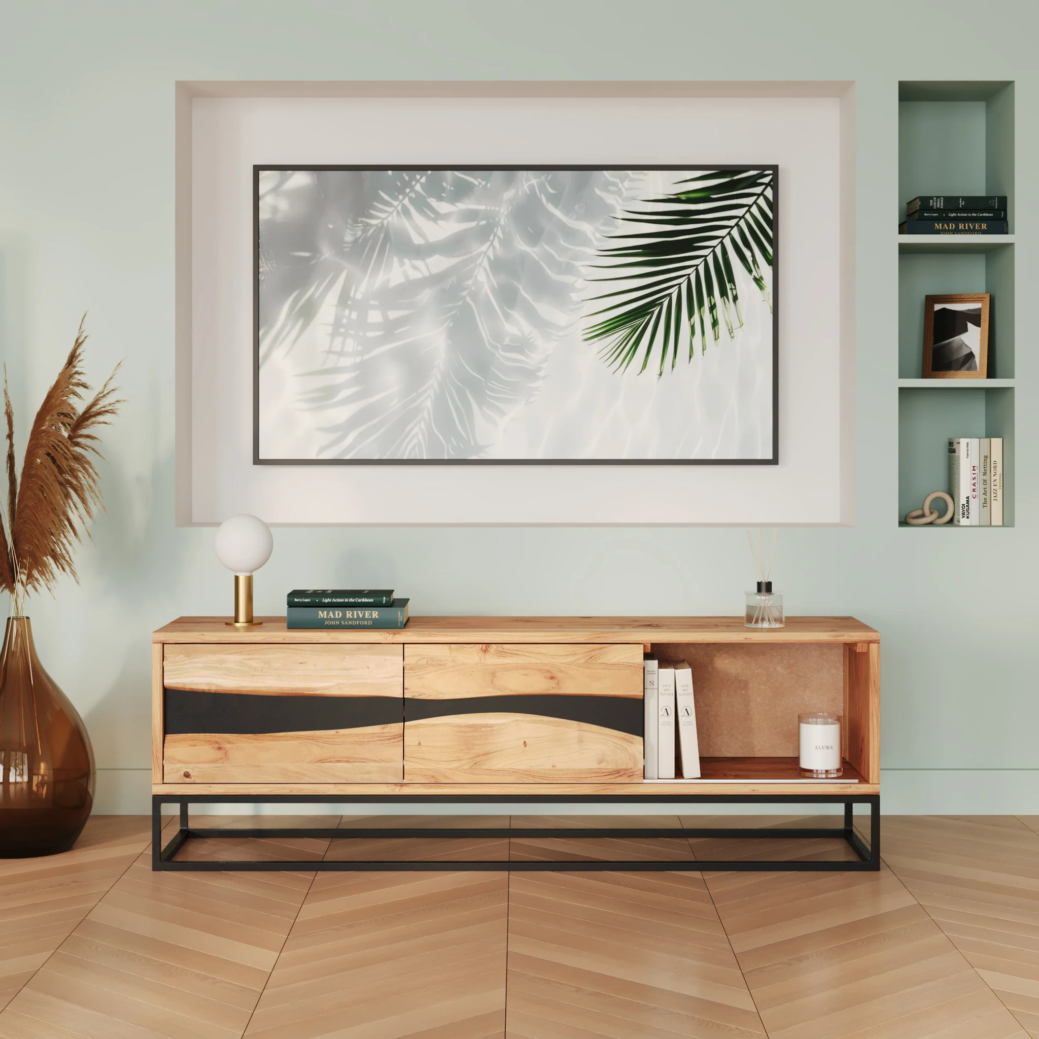 Meuble TV en bois d'acacia massif et métal 140 cm - Alabama