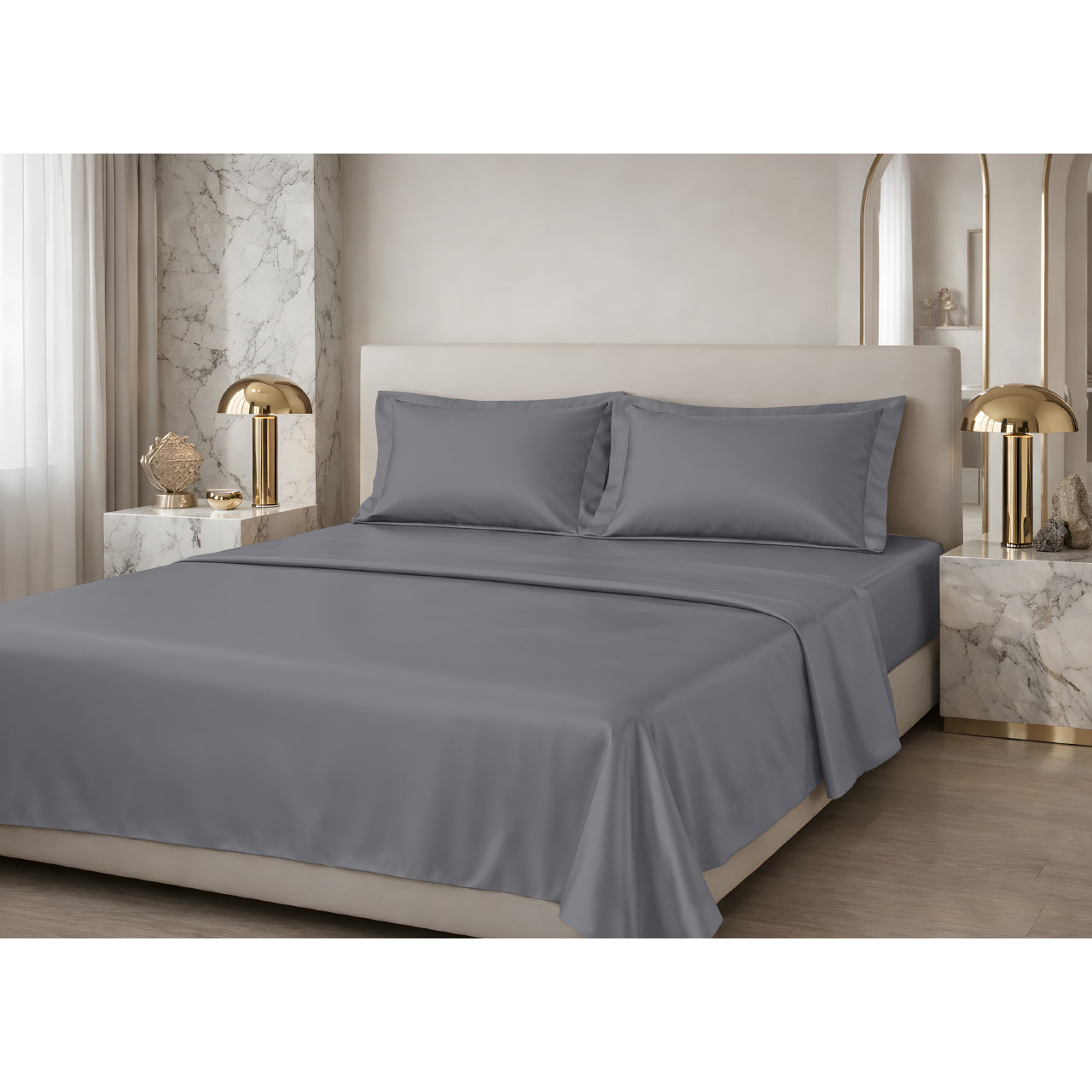 Completo Lenzuola Estate/Inverno 100% Raso Cotone Tinta Unita Grigio 04 GI
