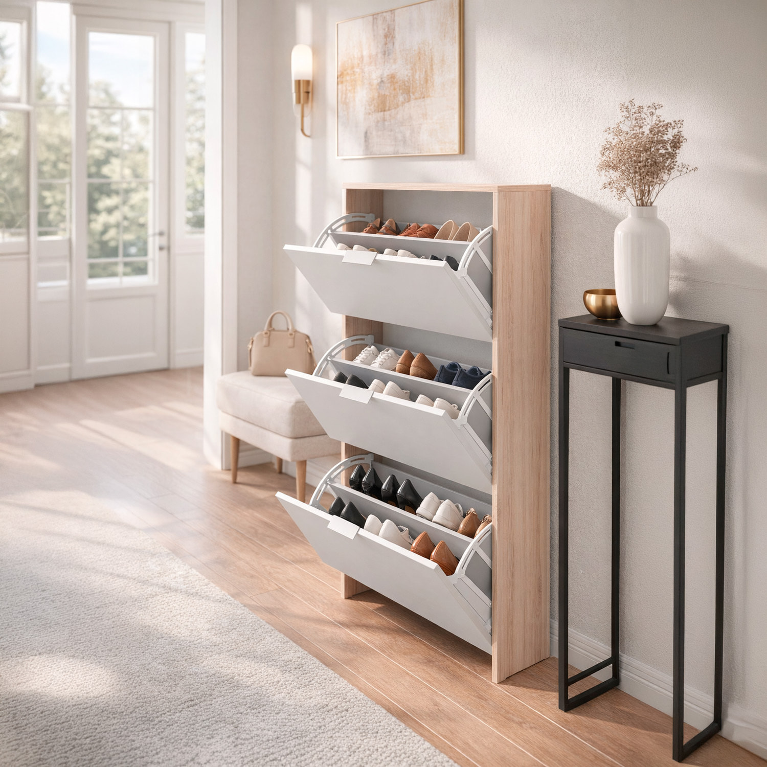 Mobile Portascarpe Salvaspazio Con 3 Ante A Ribalta Capacità Fino A 18 Paia Scarpiera Design Moderno 113 x 60 x 22 Cm Rovere E Bianco Lucido
