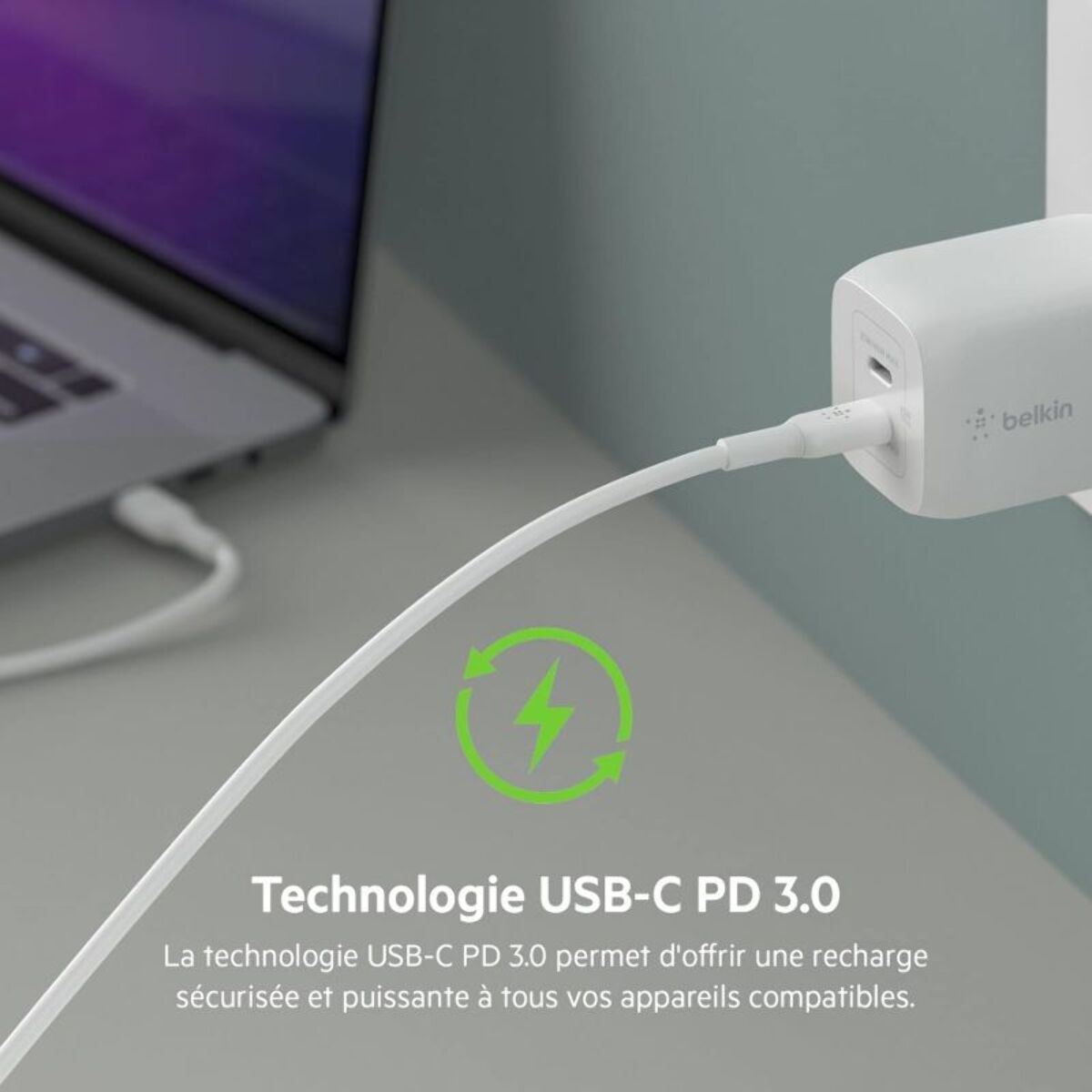 Chargeur BELKIN USB C x2 65W GaN PPS + Cable USB-C 2m