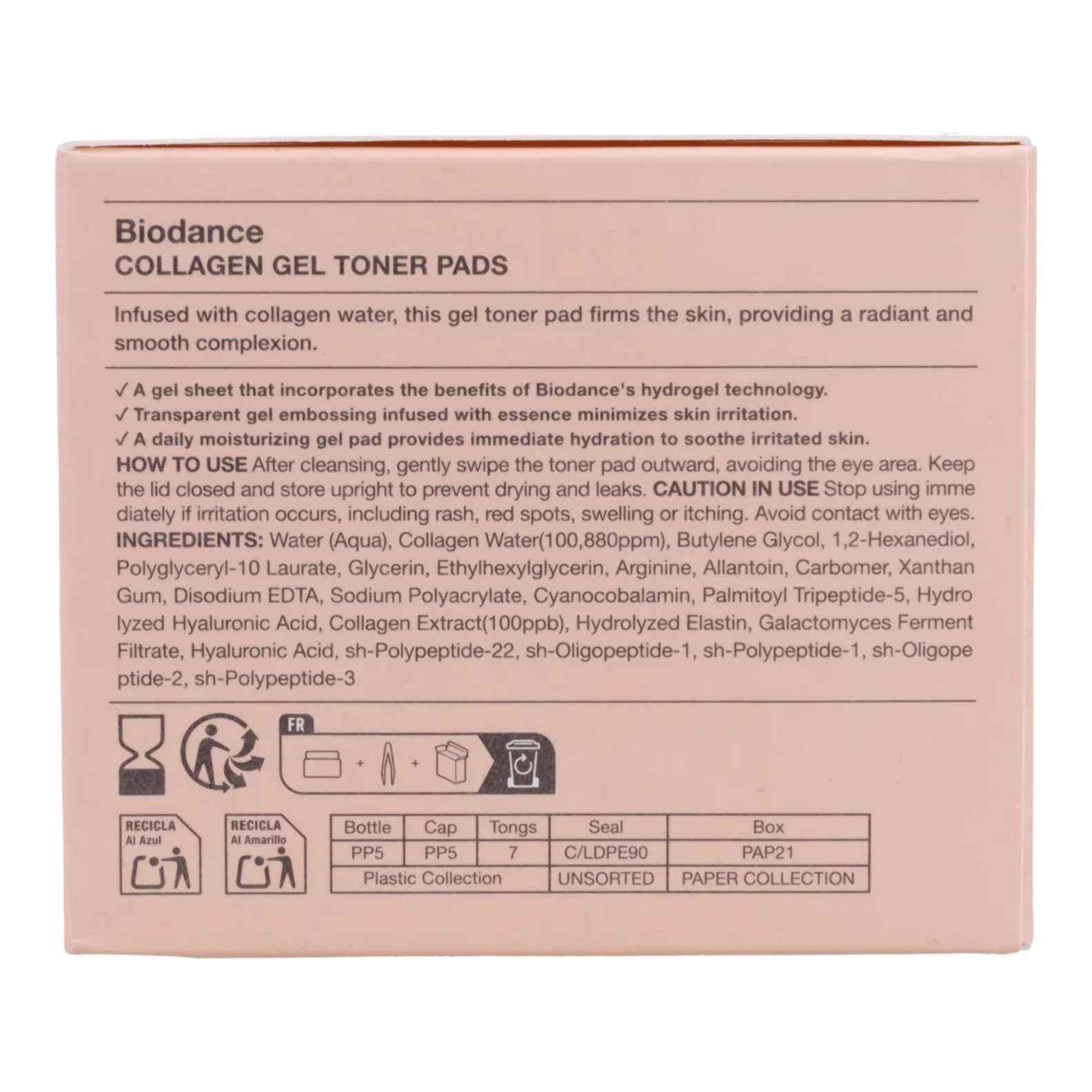 Mascarilla hidratante y calmante Collagen Gel Toner Pads Biodance 60 discos
